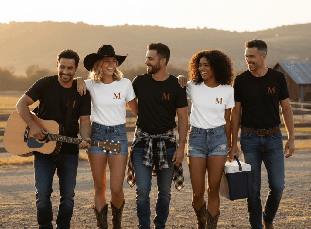 Group of people wearing Maverick tshirts at sunset