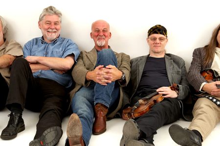 Fairport Convention 2008. Left to right: Gerry Conway, Simon Nicol, Dave Pegg, Ric Sanders, Chris Leslie